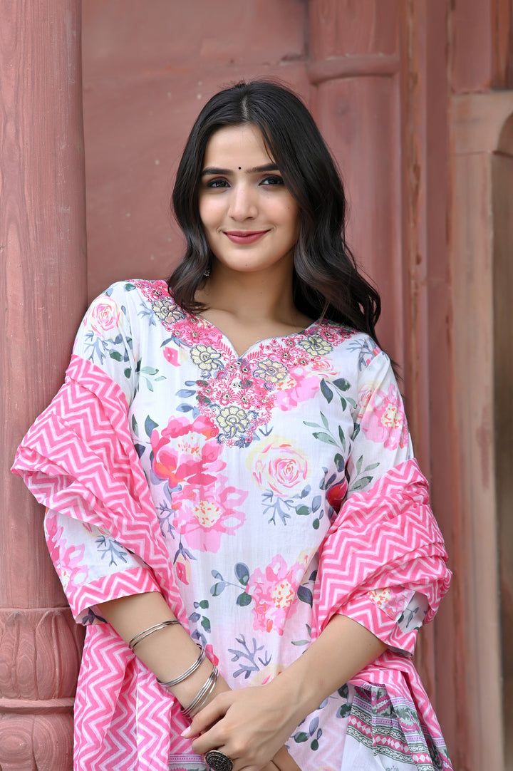 Premium Cotton Kurta Set - Straight Pattern, Sweetheart Neck, 3/4th Sleeves, Available in Pink, Sea Green, and Purple