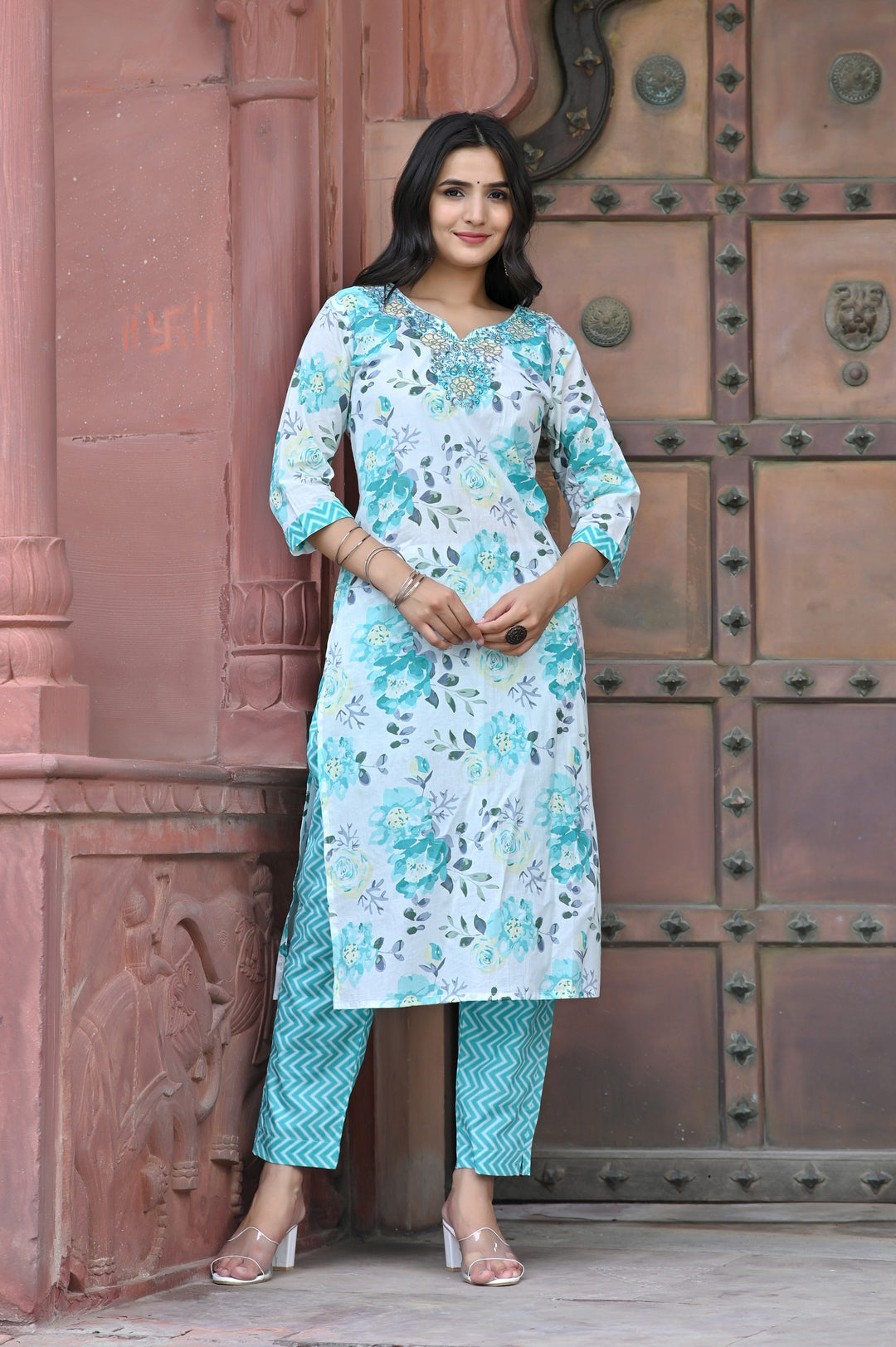 Premium Cotton Kurta Set - Straight Pattern, Sweetheart Neck, 3/4th Sleeves, Available in Pink, Sea Green, and Purple