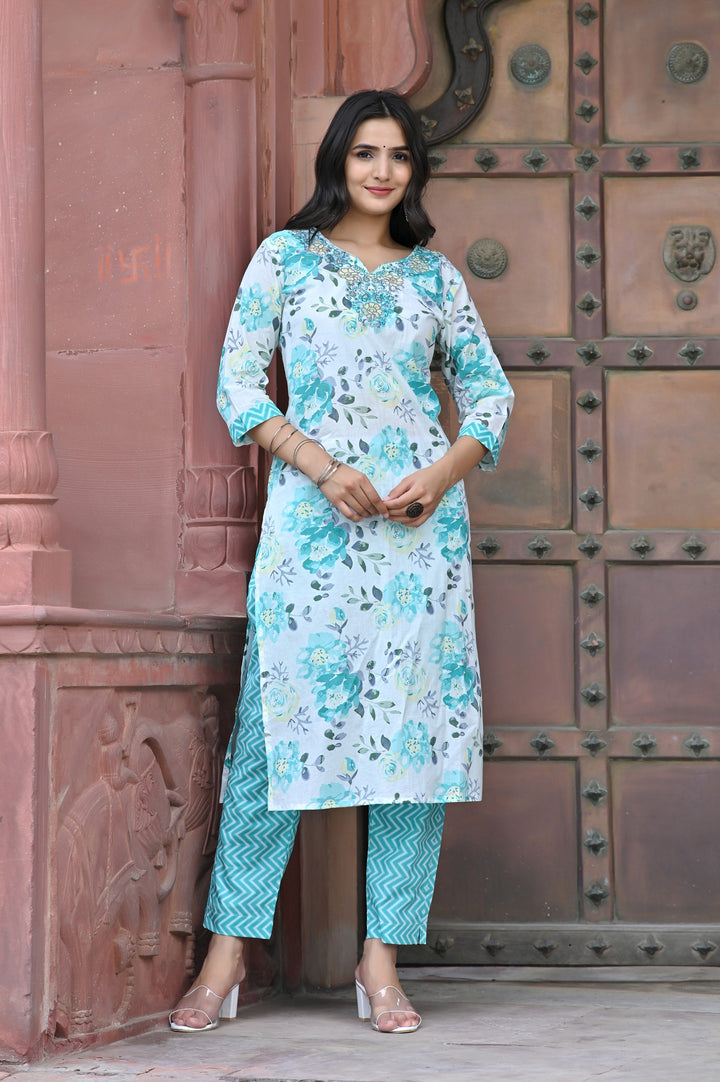 Premium Cotton Kurta Set - Straight Pattern, Sweetheart Neck, 3/4th Sleeves, Available in Pink, Sea Green, and Purple