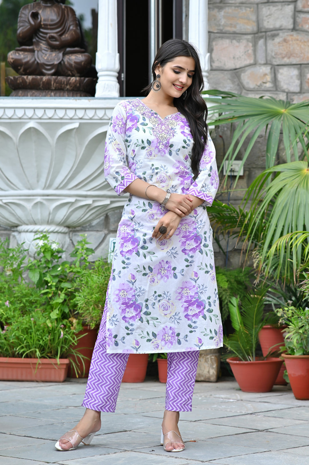 Premium Cotton Kurta Set - Straight Pattern, Sweetheart Neck, 3/4th Sleeves, Available in Pink, Sea Green, and Purple