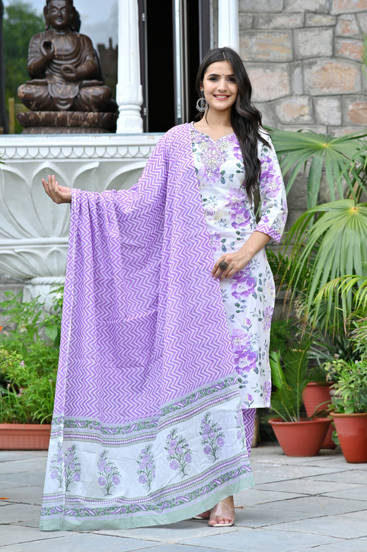 Premium Cotton Kurta Set - Straight Pattern, Sweetheart Neck, 3/4th Sleeves, Available in Pink, Sea Green, and Purple