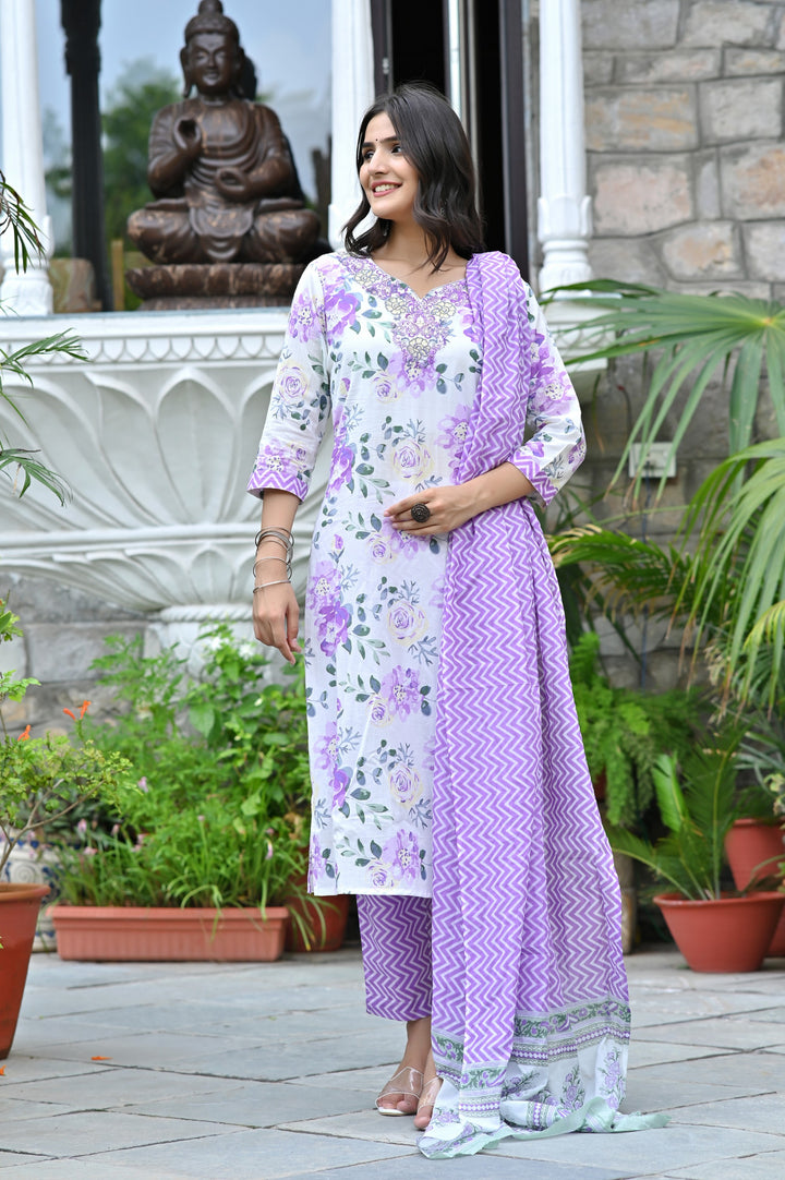Premium Cotton Kurta Set - Straight Pattern, Sweetheart Neck, 3/4th Sleeves, Available in Pink, Sea Green, and Purple