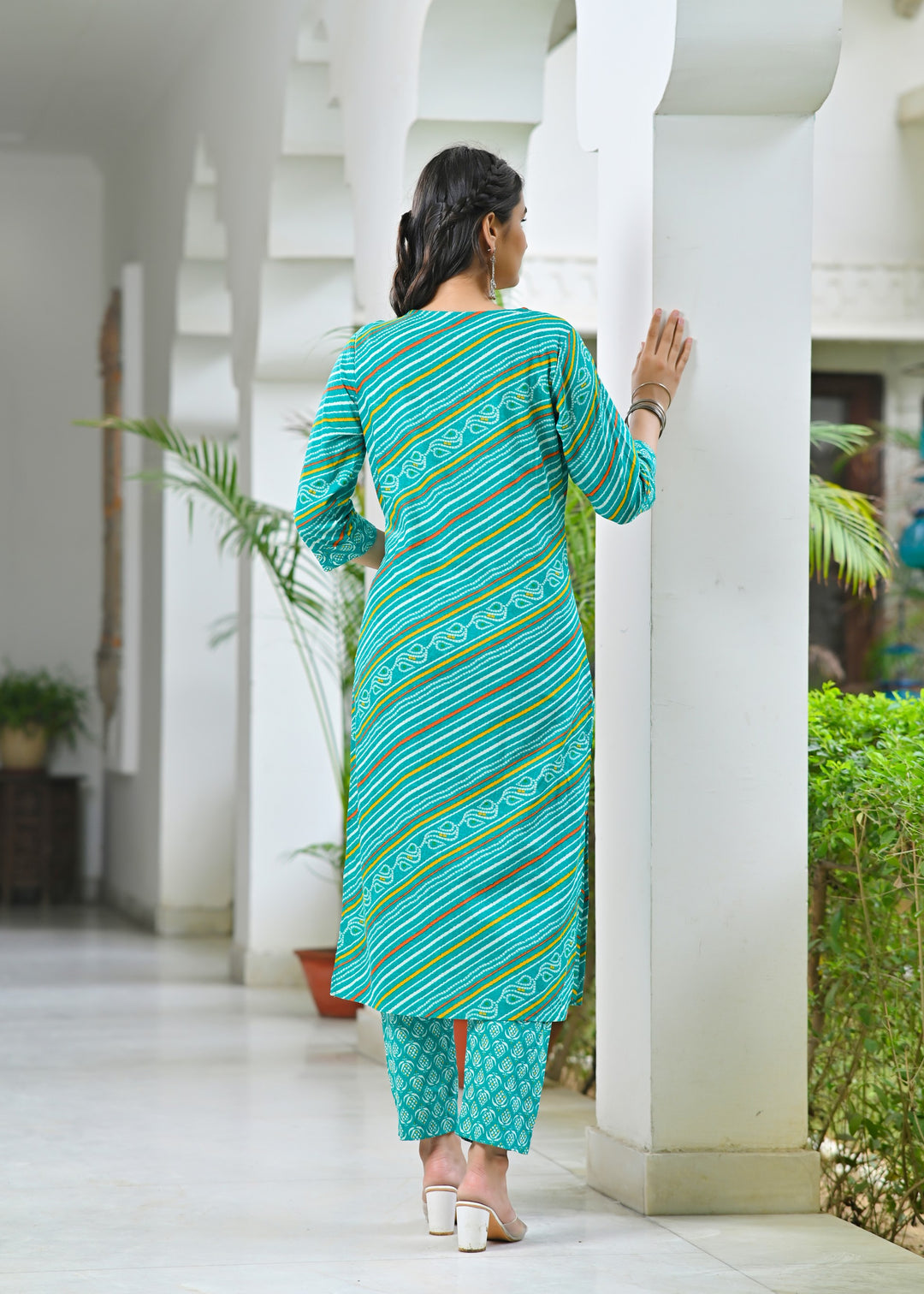 Charming Green & Pink Cotton Kurta Set - Sweetheart Neck, Straight Fit, 3/4 Sleeves