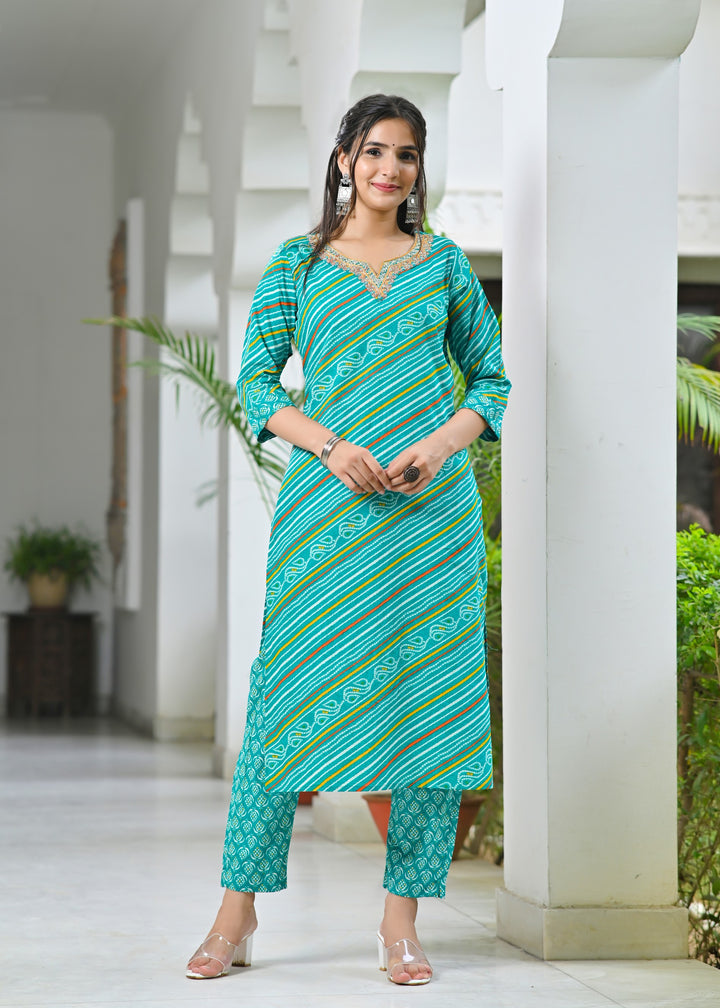 Charming Green & Pink Cotton Kurta Set - Sweetheart Neck, Straight Fit, 3/4 Sleeves