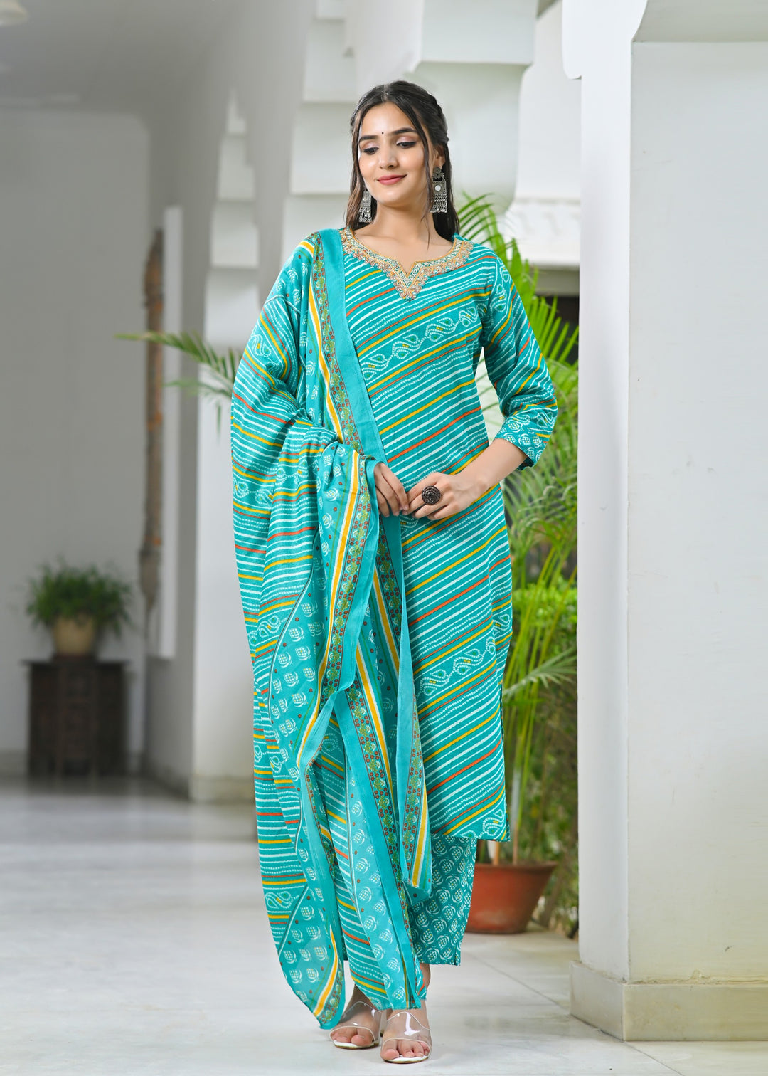 Charming Green & Pink Cotton Kurta Set - Sweetheart Neck, Straight Fit, 3/4 Sleeves