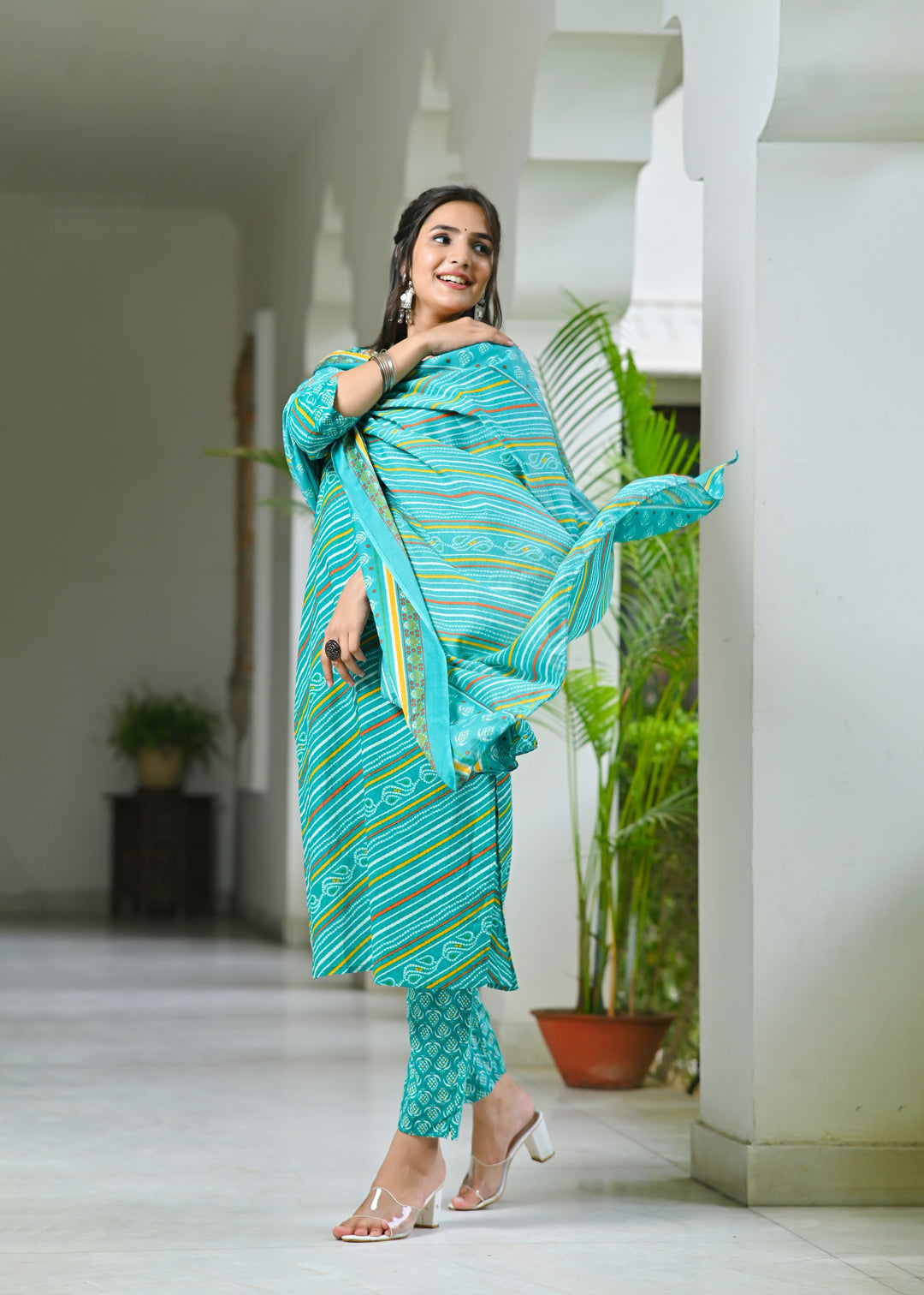 Charming Green & Pink Cotton Kurta Set - Sweetheart Neck, Straight Fit, 3/4 Sleeves