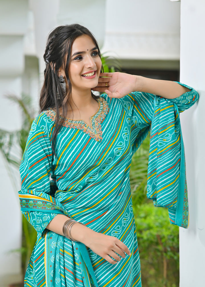 Charming Green & Pink Cotton Kurta Set - Sweetheart Neck, Straight Fit, 3/4 Sleeves