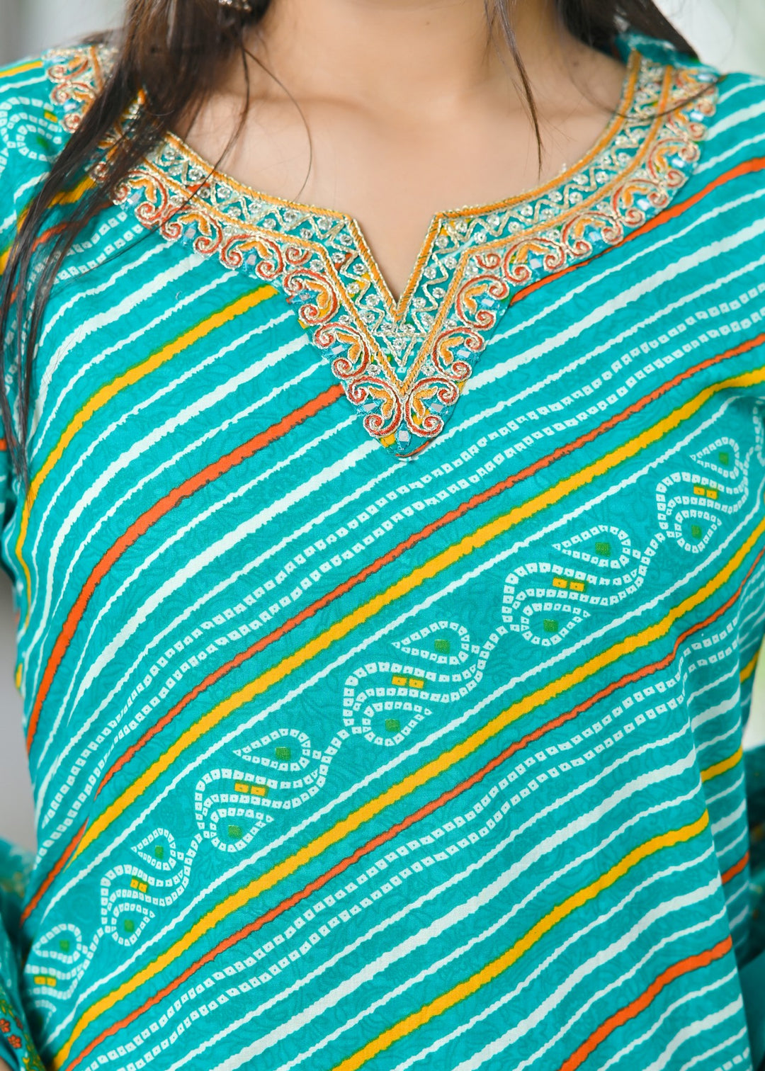 Charming Green & Pink Cotton Kurta Set - Sweetheart Neck, Straight Fit, 3/4 Sleeves