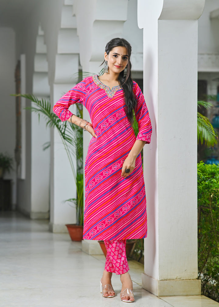 Charming Green & Pink Cotton Kurta Set - Sweetheart Neck, Straight Fit, 3/4 Sleeves