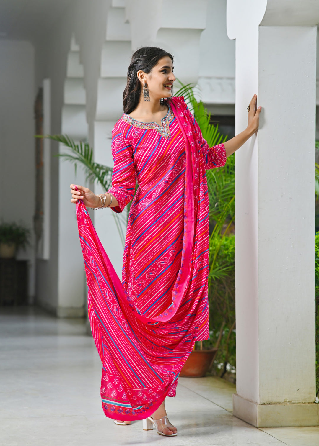 Charming Green & Pink Cotton Kurta Set - Sweetheart Neck, Straight Fit, 3/4 Sleeves