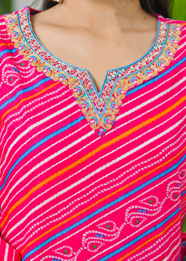 Charming Green & Pink Cotton Kurta Set - Sweetheart Neck, Straight Fit, 3/4 Sleeves