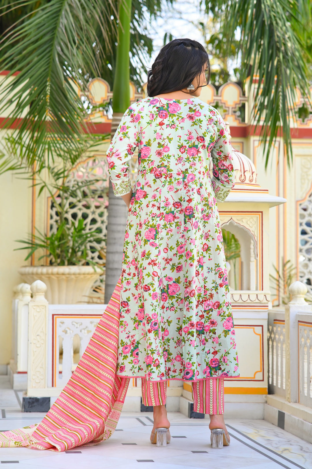 Cotton Anarkali Suit with V-Neck & 3/4 Sleeves – Pink, Blue & Magenta