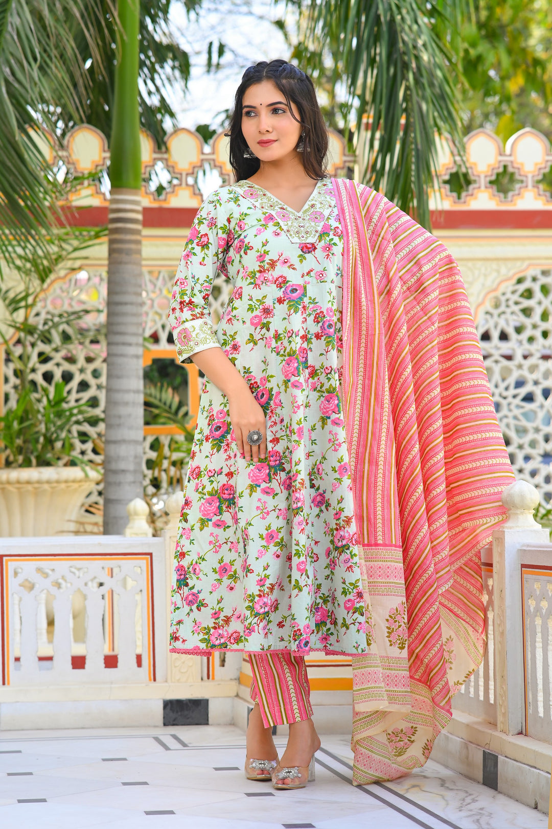 Cotton Anarkali Suit with V-Neck & 3/4 Sleeves – Pink, Blue & Magenta