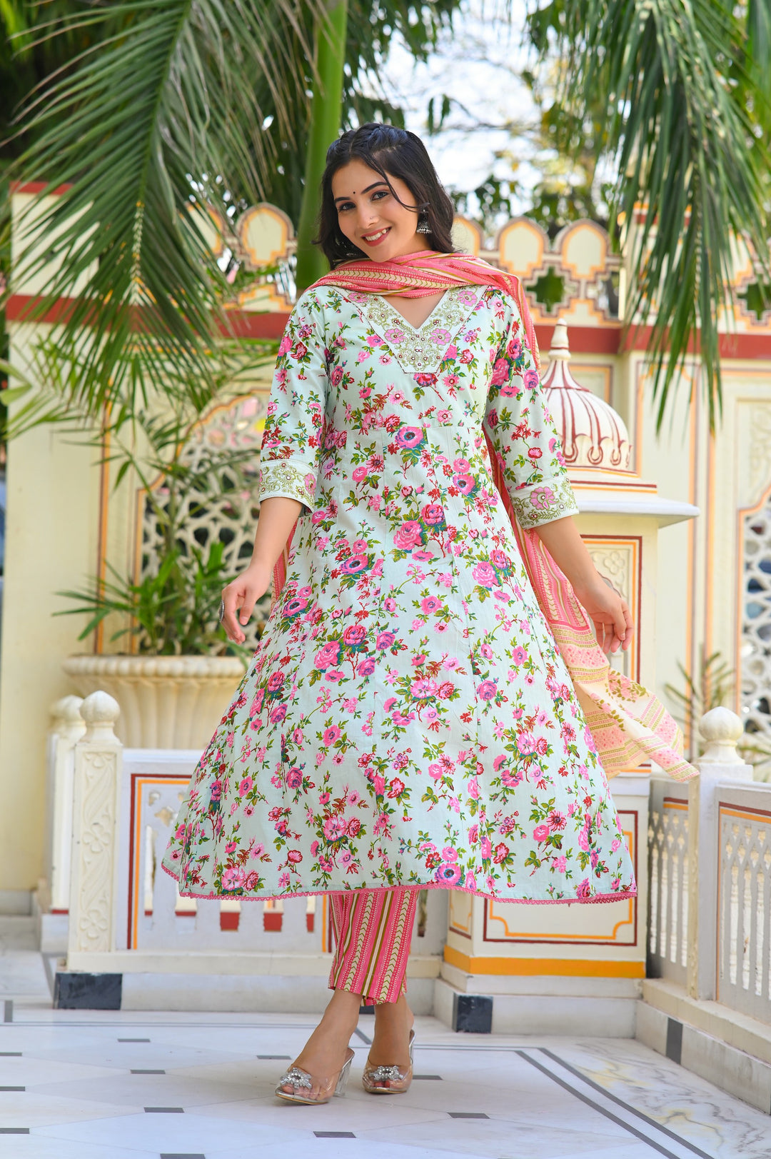 Cotton Anarkali Suit with V-Neck & 3/4 Sleeves – Pink, Blue & Magenta