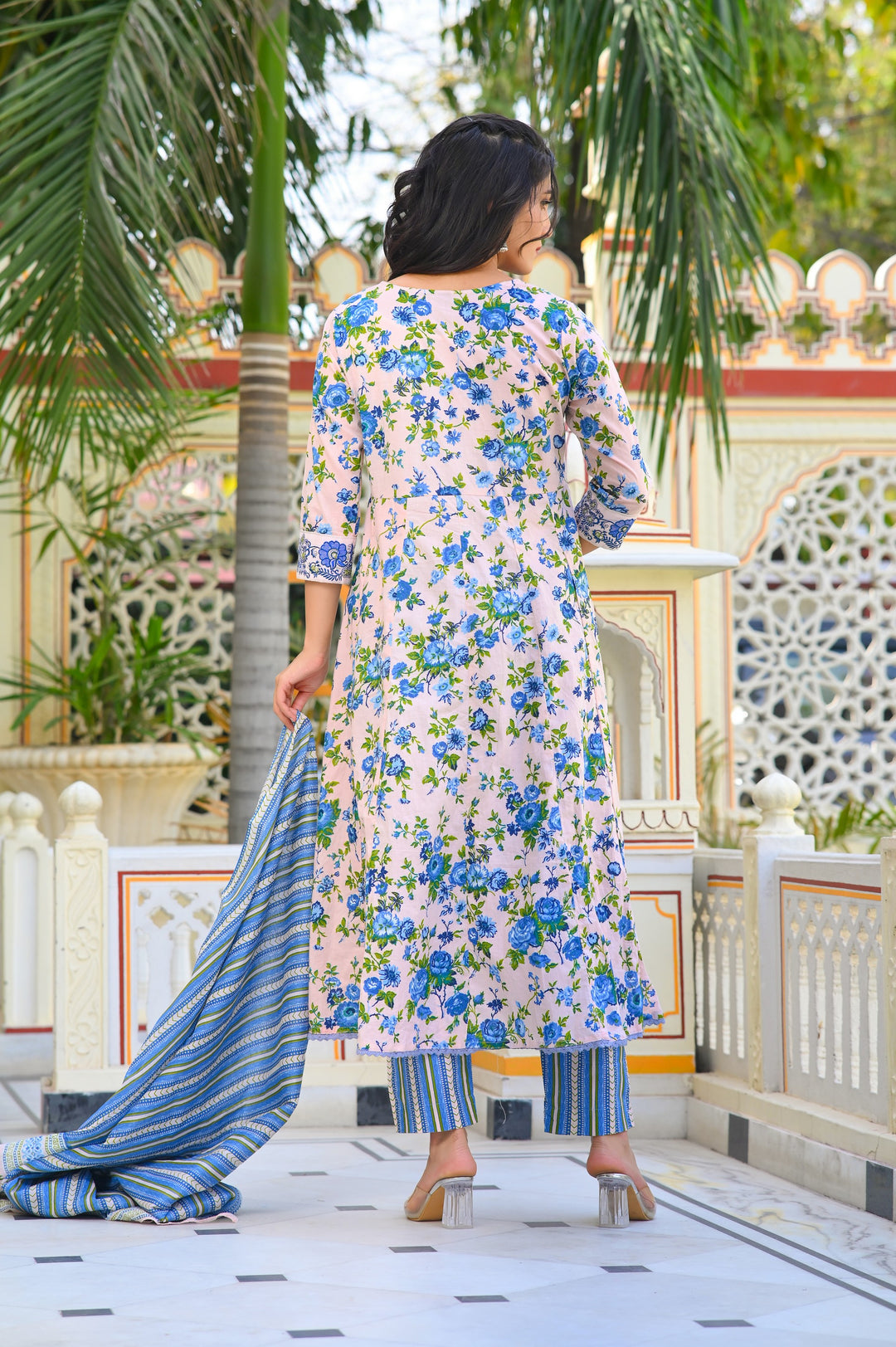 Cotton Anarkali Suit with V-Neck & 3/4 Sleeves – Pink, Blue & Magenta