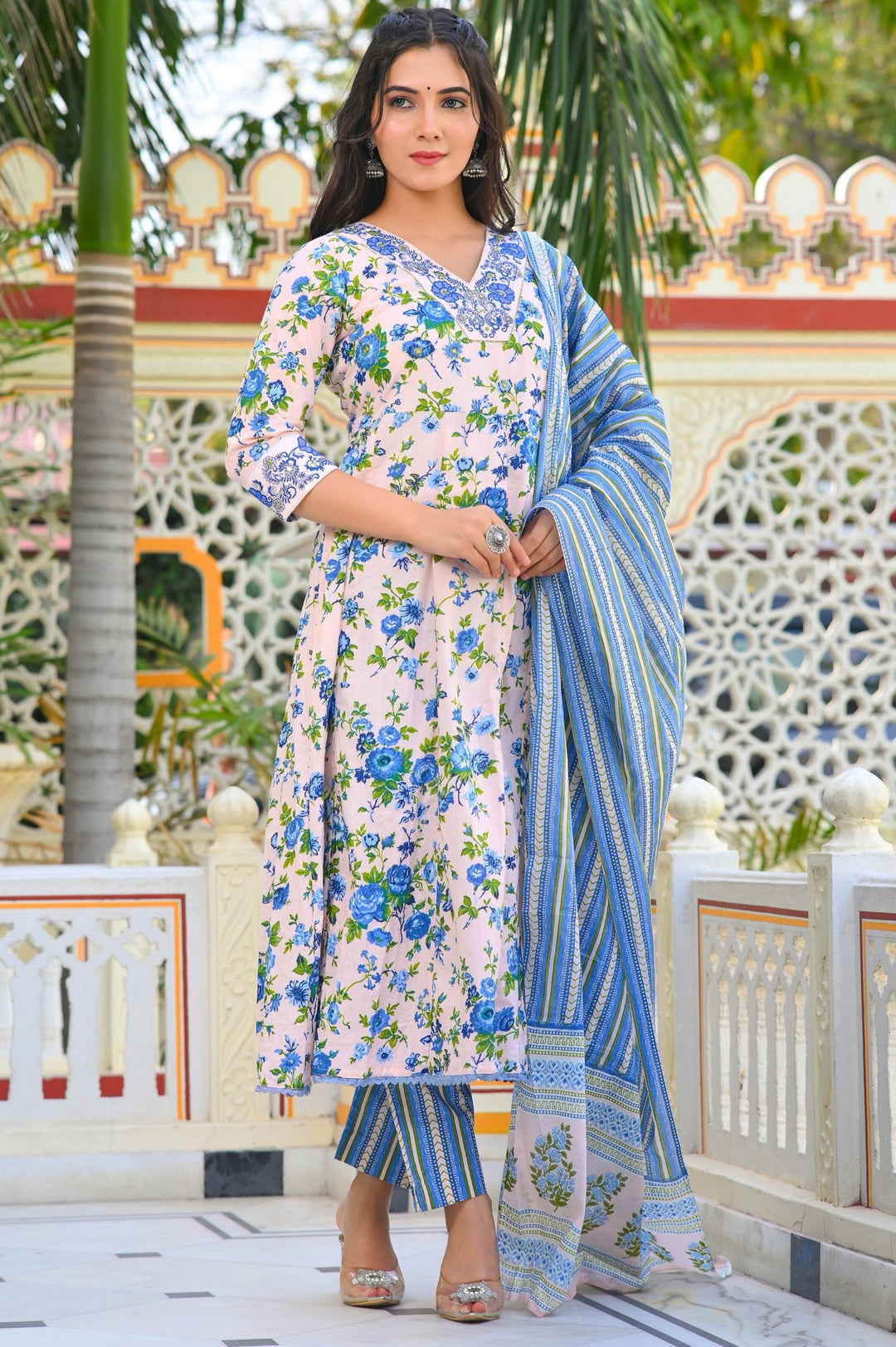 Cotton Anarkali Suit with V-Neck & 3/4 Sleeves – Pink, Blue & Magenta