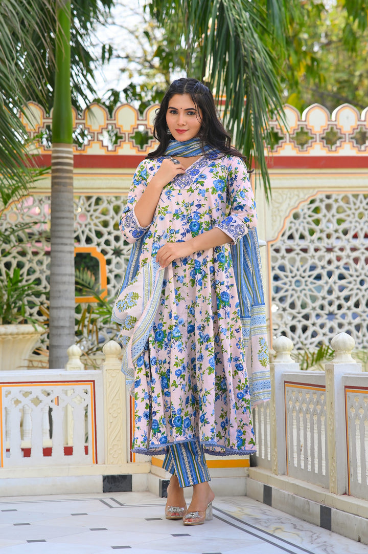 Cotton Anarkali Suit with V-Neck & 3/4 Sleeves – Pink, Blue & Magenta