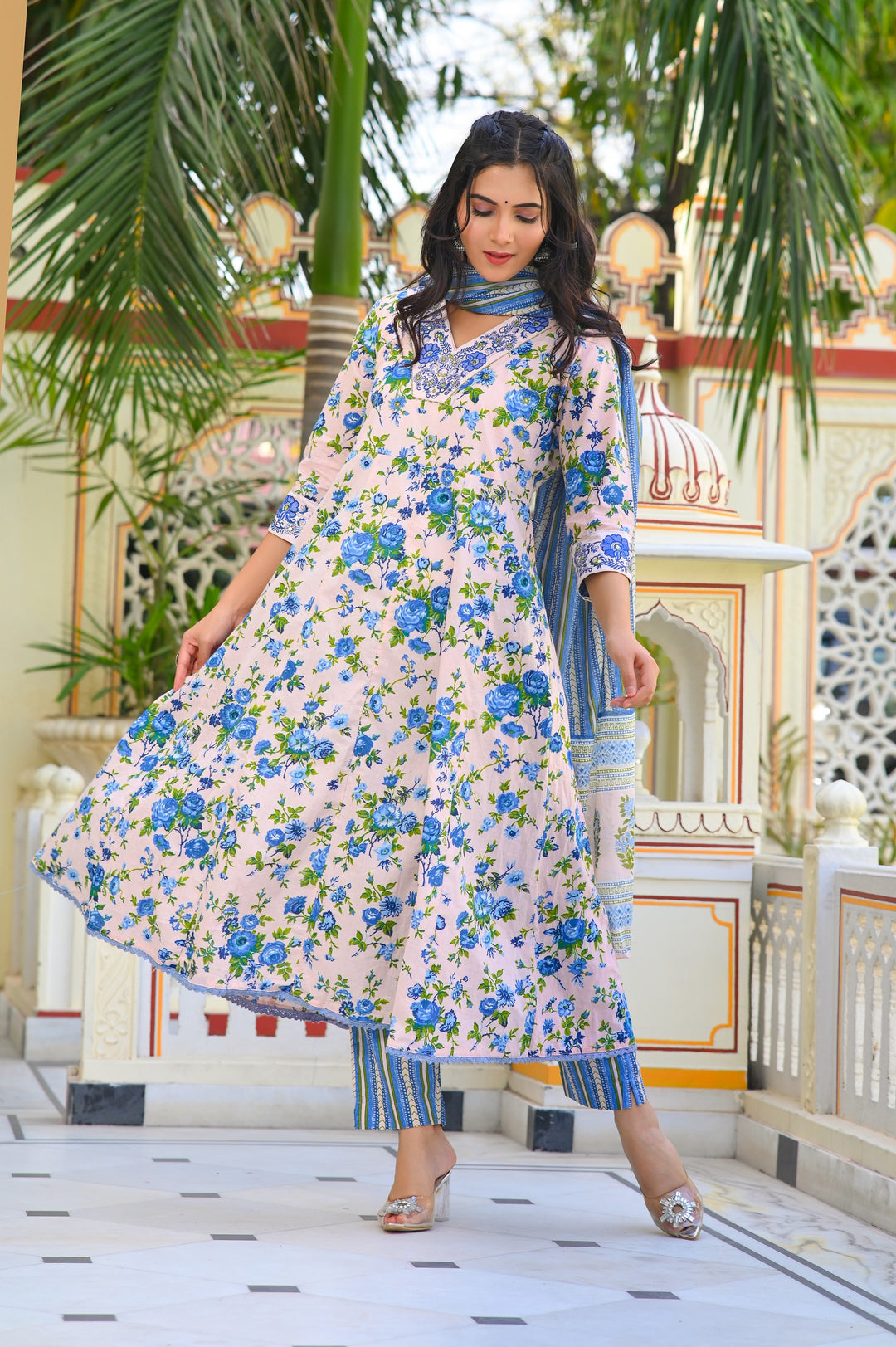 Cotton Anarkali Suit with V-Neck & 3/4 Sleeves – Pink, Blue & Magenta