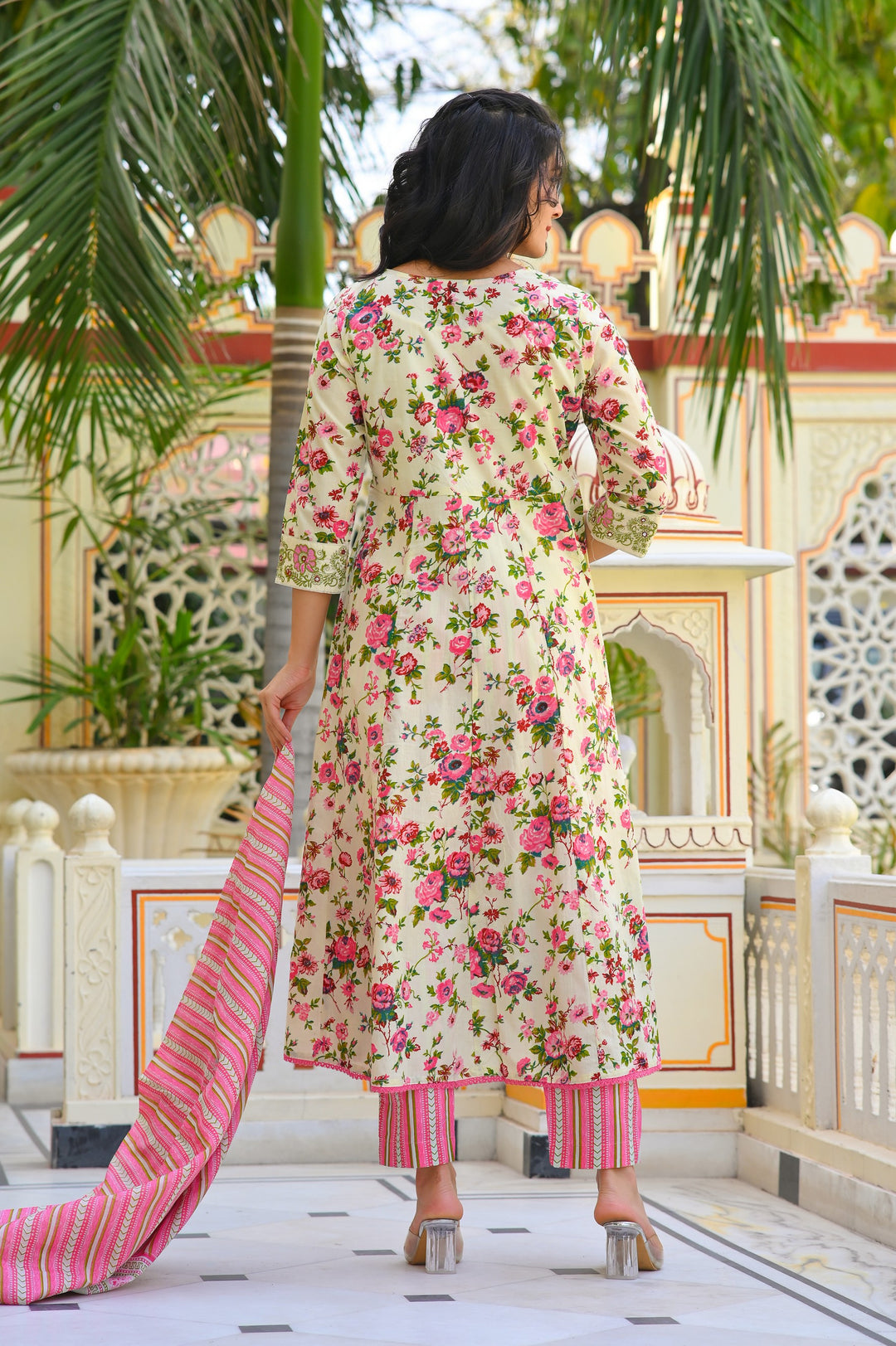 Cotton Anarkali Suit with V-Neck & 3/4 Sleeves – Pink, Blue & Magenta