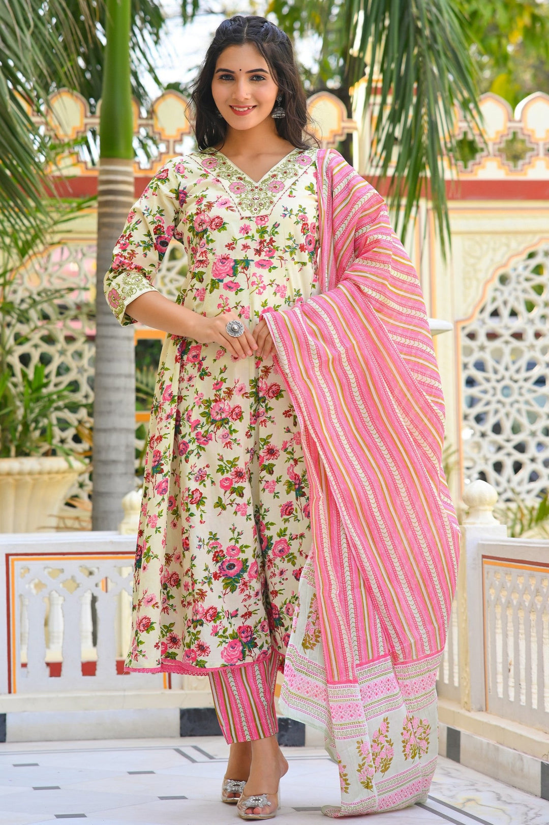 Cotton Anarkali Suit with V-Neck & 3/4 Sleeves – Pink, Blue & Magenta