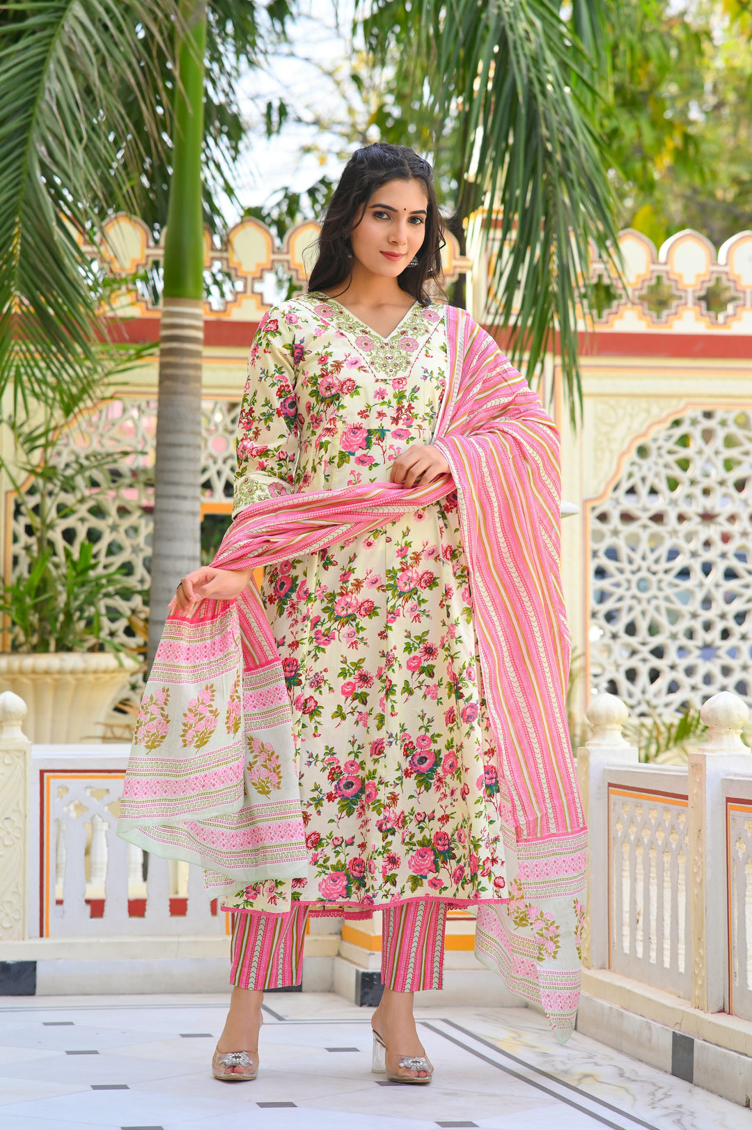 Cotton Anarkali Suit with V-Neck & 3/4 Sleeves – Pink, Blue & Magenta