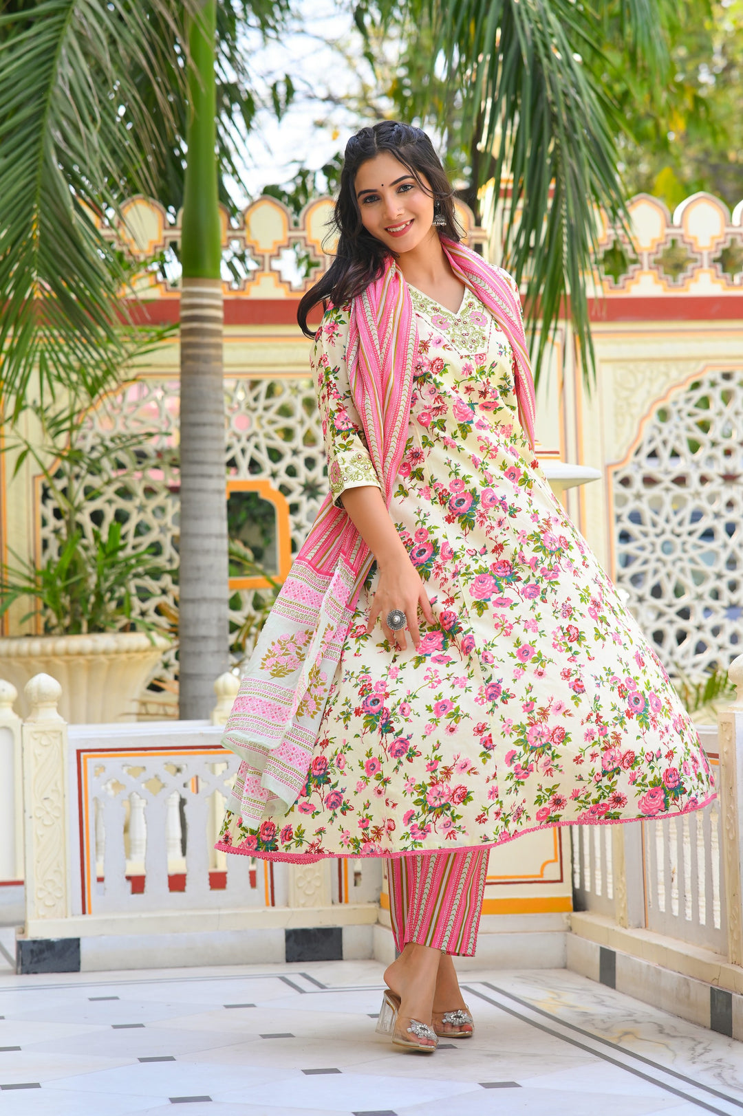 Cotton Anarkali Suit with V-Neck & 3/4 Sleeves – Pink, Blue & Magenta