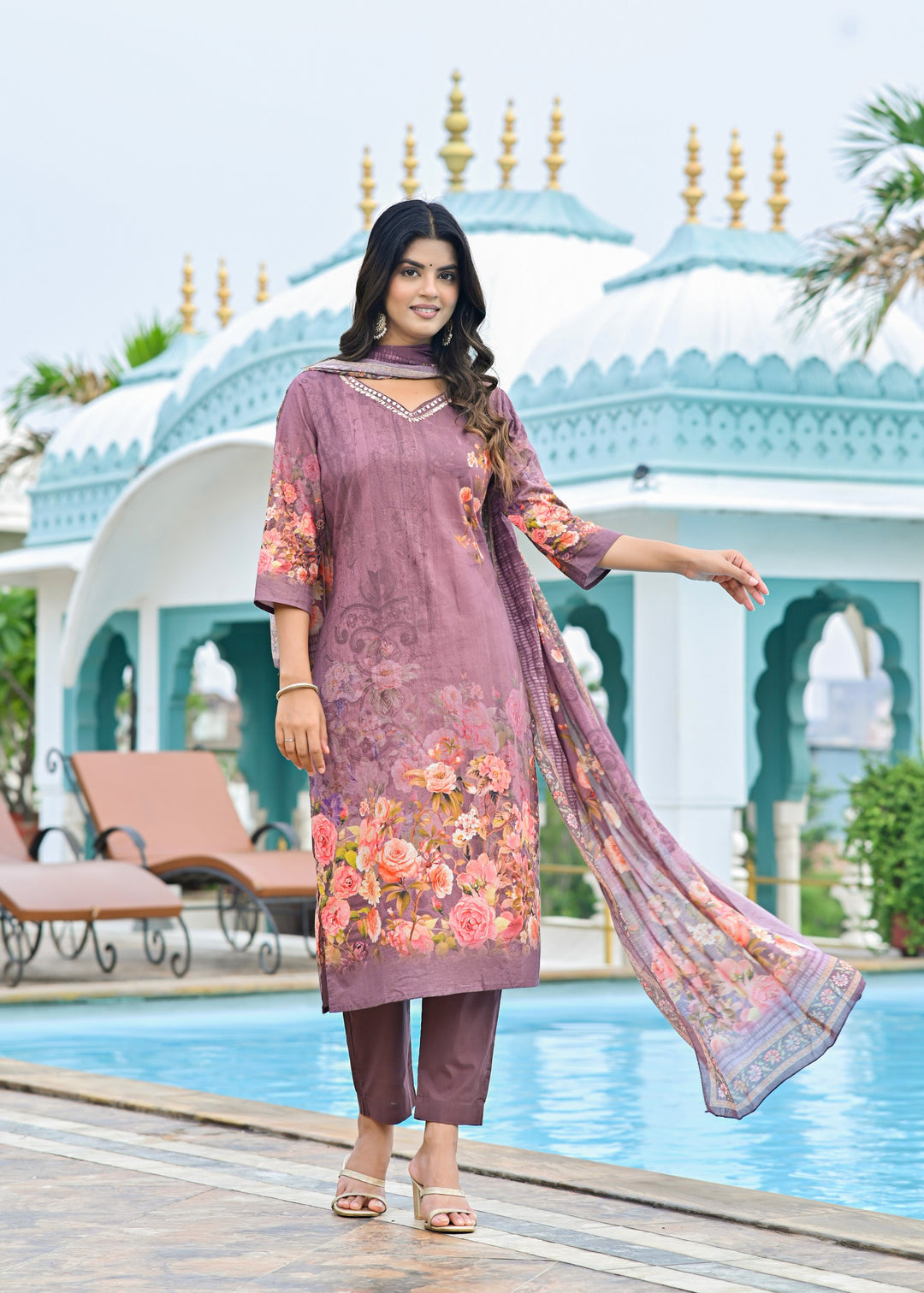 Cotton Kurta Set with V-Neck & 3/4 Sleeves – Dusty Purple & Tranquil Blue