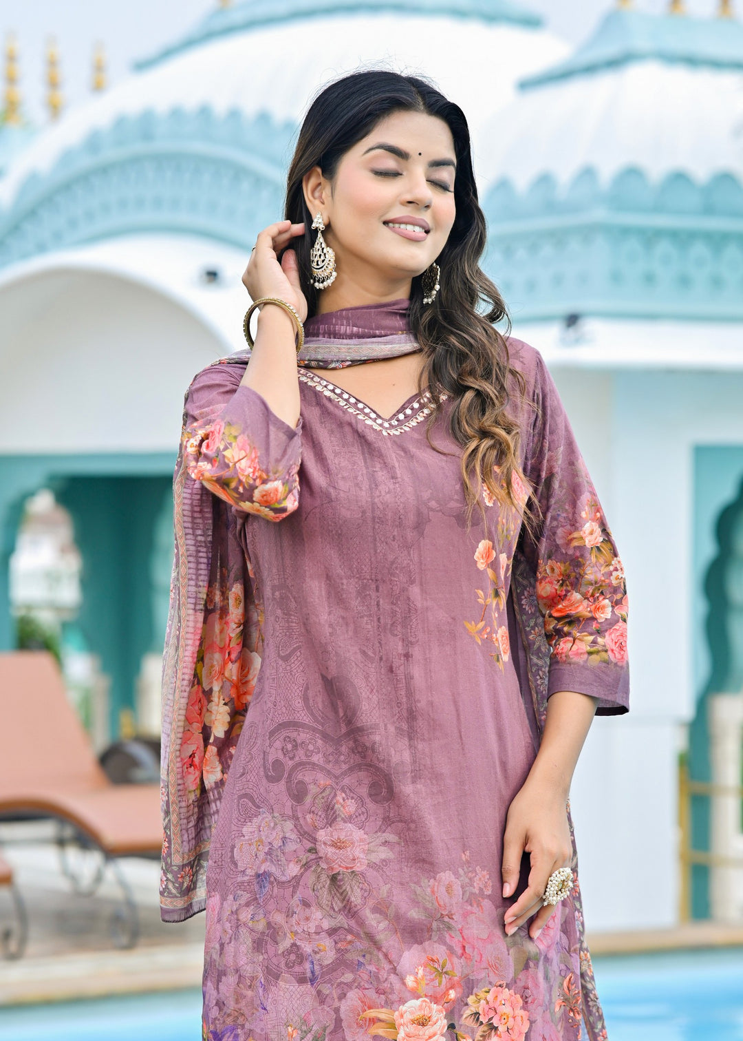 Cotton Kurta Set with V-Neck & 3/4 Sleeves – Dusty Purple & Tranquil Blue