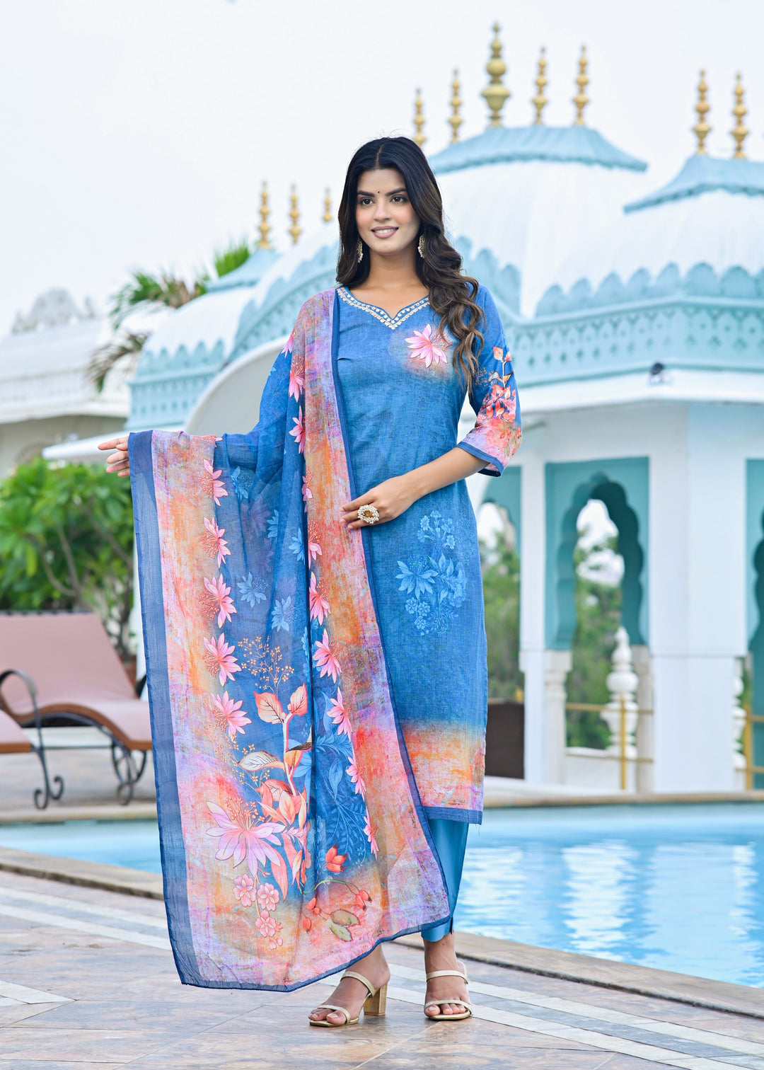 Classic Cotton Kurta Set with V-Neck & 3/4 Sleeves – Blue & Red