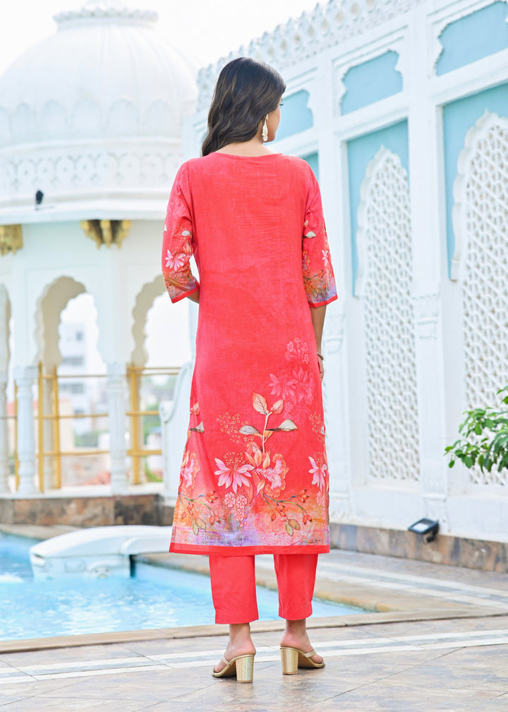 Classic Cotton Kurta Set with V-Neck & 3/4 Sleeves – Blue & Red