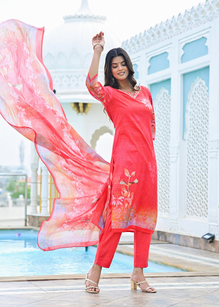 Classic Cotton Kurta Set with V-Neck & 3/4 Sleeves – Blue & Red