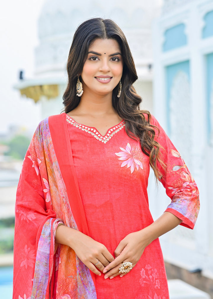 Classic Cotton Kurta Set with V-Neck & 3/4 Sleeves – Blue & Red