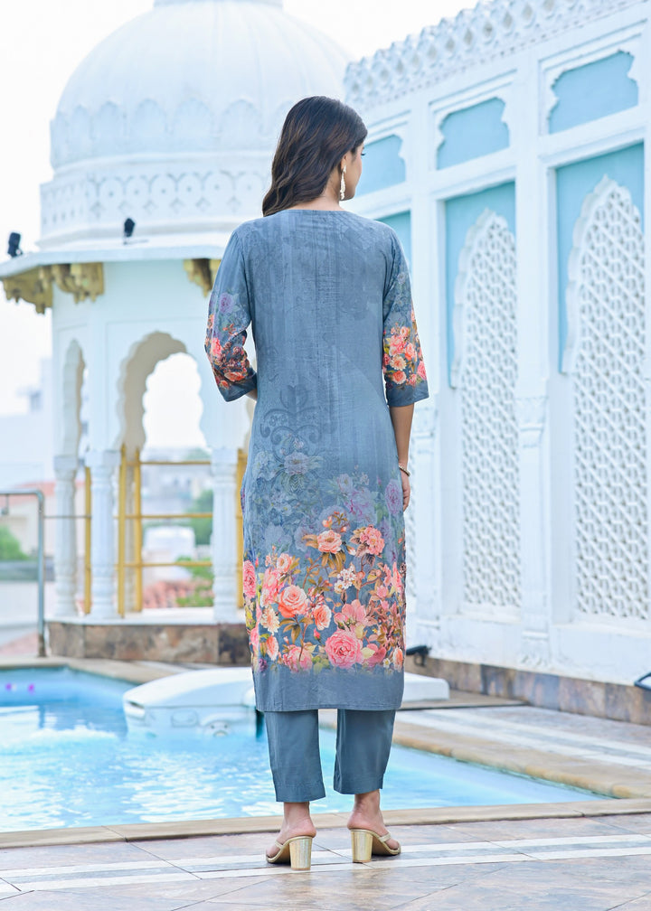 Cotton Kurta Set with V-Neck & 3/4 Sleeves – Dusty Purple & Tranquil Blue