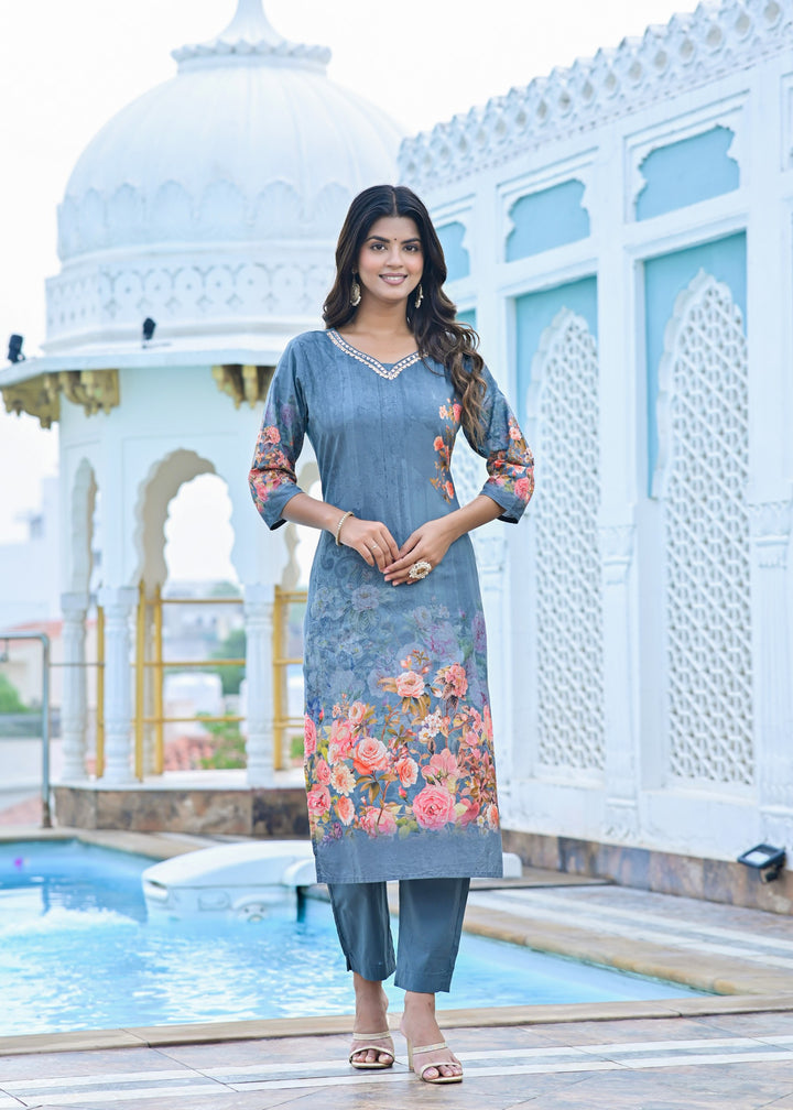 Cotton Kurta Set with V-Neck & 3/4 Sleeves – Dusty Purple & Tranquil Blue