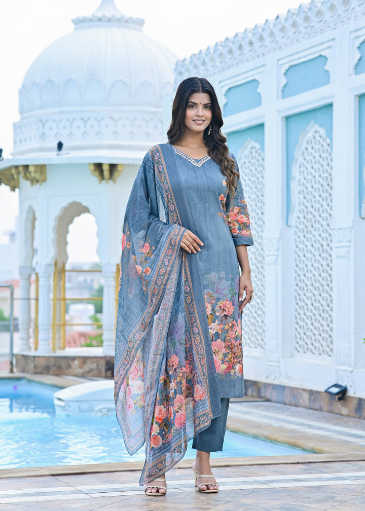 Cotton Kurta Set with V-Neck & 3/4 Sleeves – Dusty Purple & Tranquil Blue