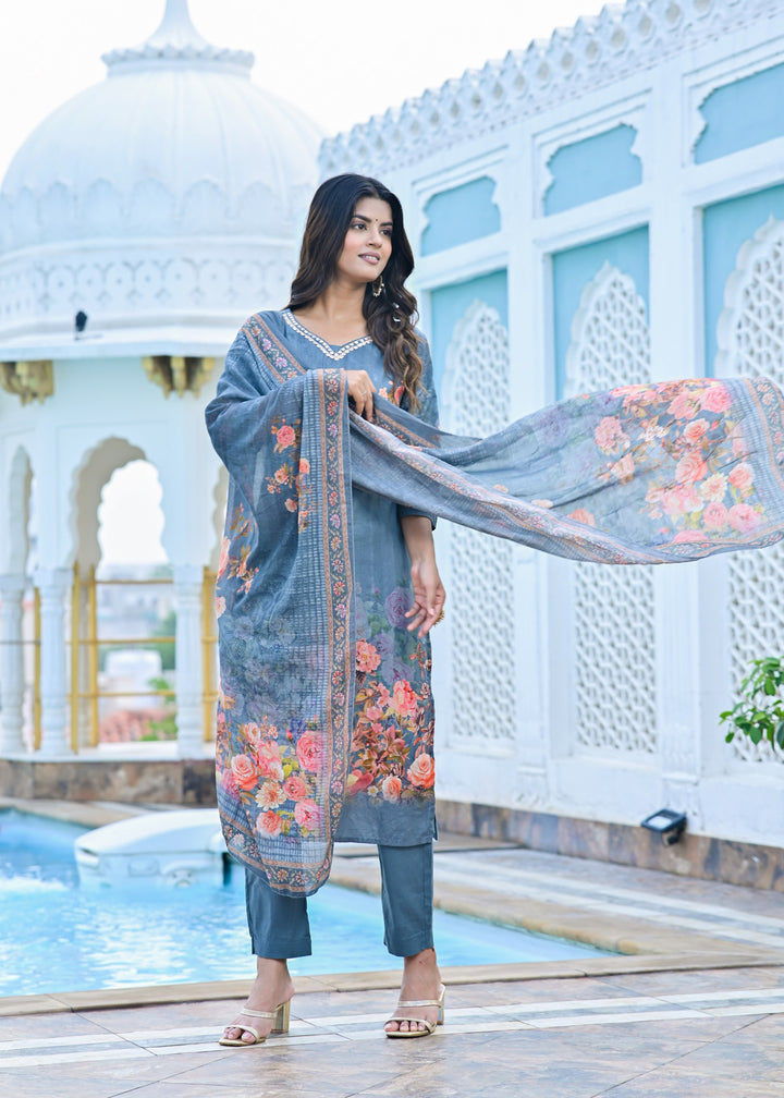 Cotton Kurta Set with V-Neck & 3/4 Sleeves – Dusty Purple & Tranquil Blue