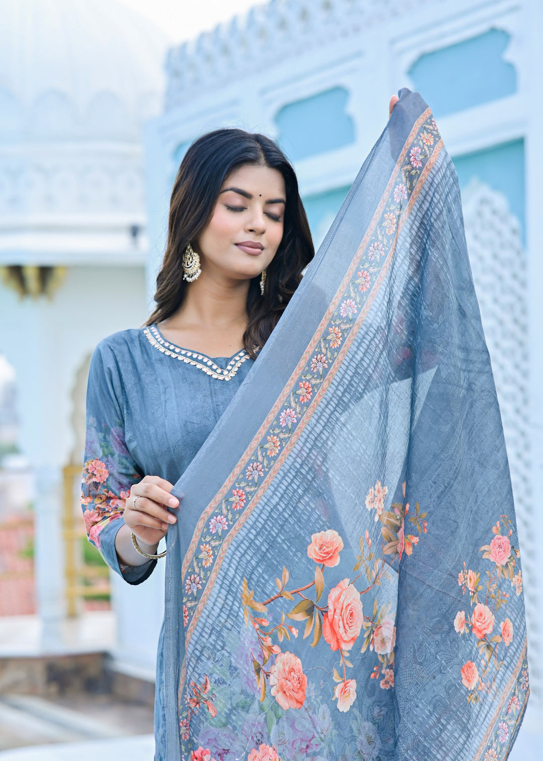Cotton Kurta Set with V-Neck & 3/4 Sleeves – Dusty Purple & Tranquil Blue