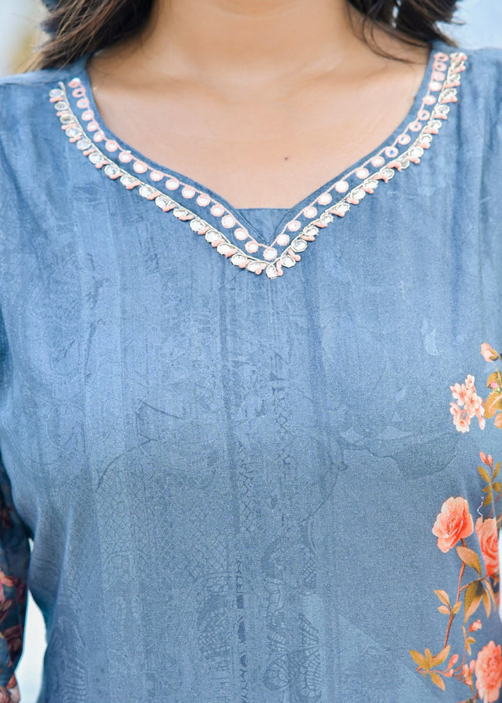 Cotton Kurta Set with V-Neck & 3/4 Sleeves – Dusty Purple & Tranquil Blue