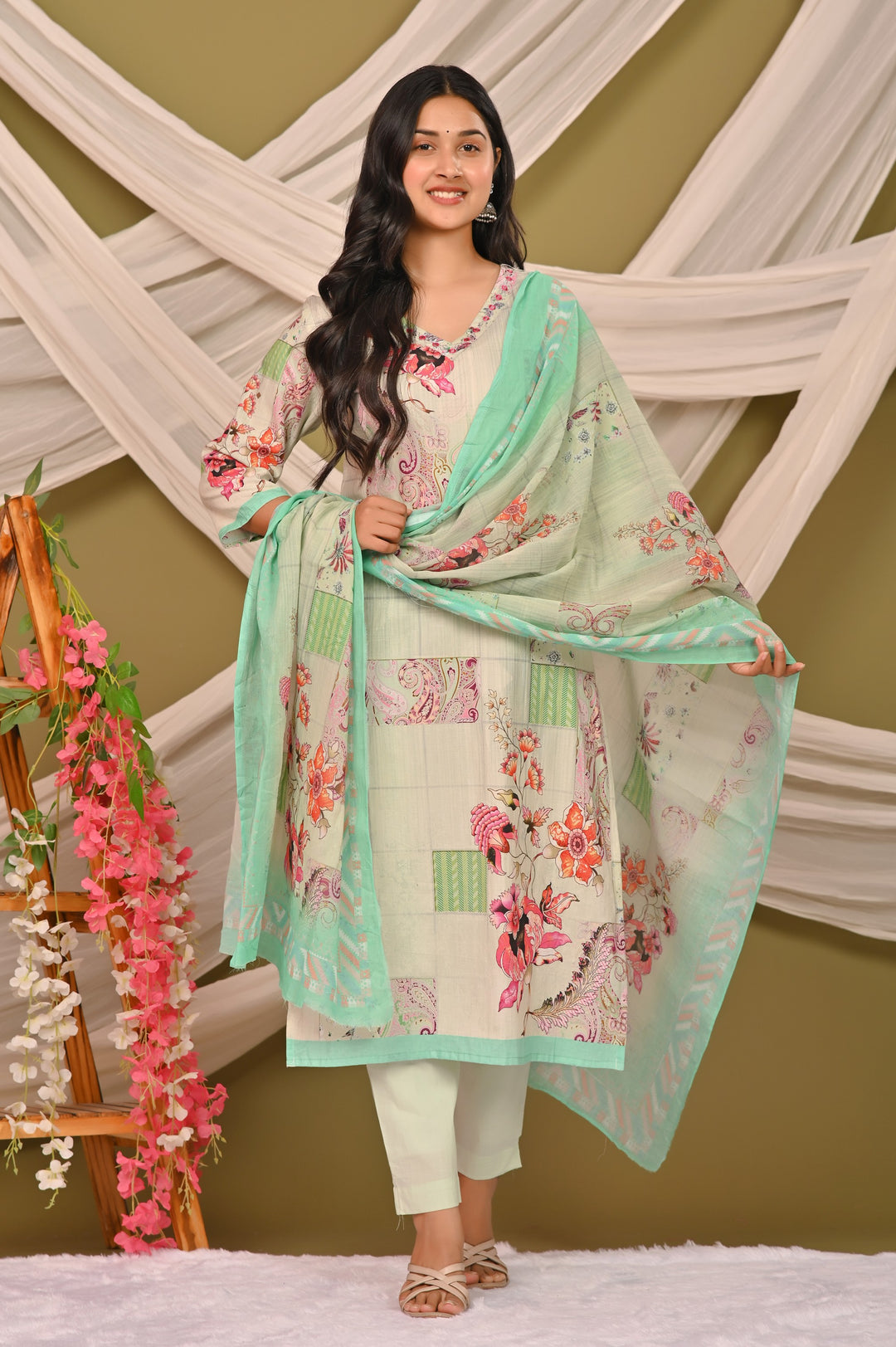 Elegant Cotton Kurta Set with V-Neck & 3/4 Sleeves – Green, Pista Green & Pink