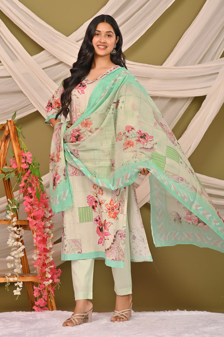 Elegant Cotton Kurta Set with V-Neck & 3/4 Sleeves – Green, Pista Green & Pink