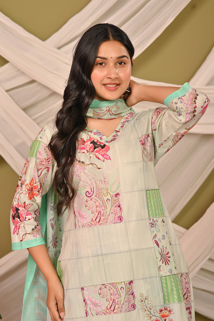 Elegant Cotton Kurta Set with V-Neck & 3/4 Sleeves – Green, Pista Green & Pink