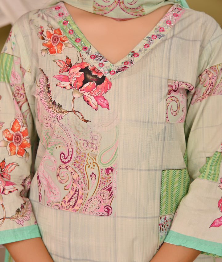 Elegant Cotton Kurta Set with V-Neck & 3/4 Sleeves – Green, Pista Green & Pink