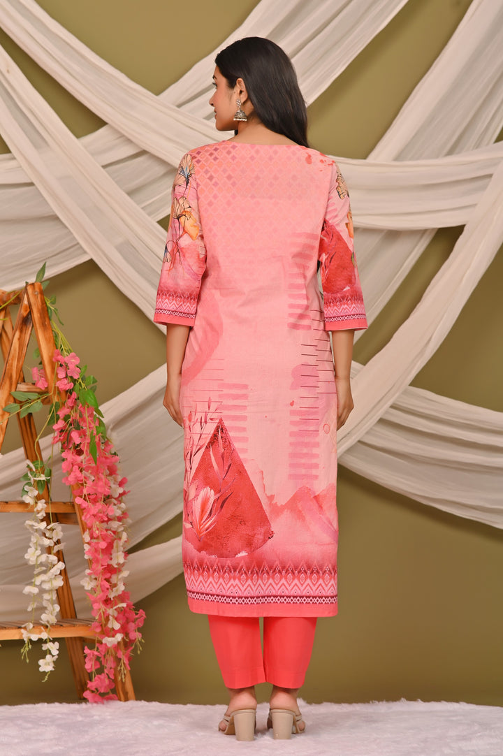 Elegant Pink and Sea Green Cotton Kurta Set with V-Neck & 3/4 Sleeves