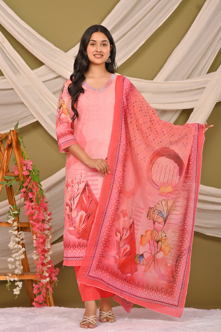 Elegant Pink and Sea Green Cotton Kurta Set with V-Neck & 3/4 Sleeves
