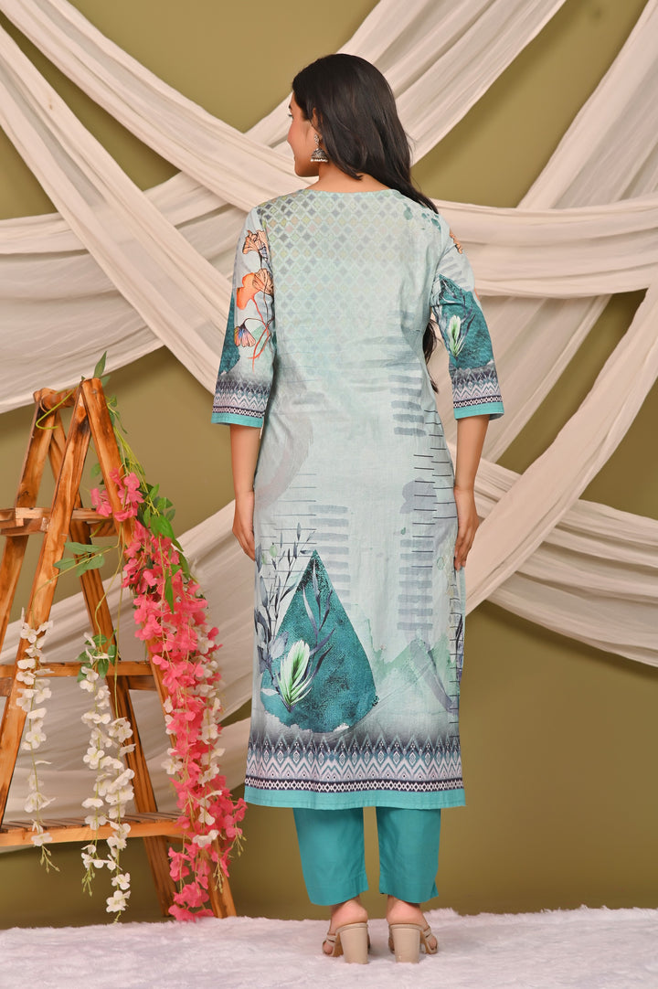 Elegant Pink and Sea Green Cotton Kurta Set with V-Neck & 3/4 Sleeves