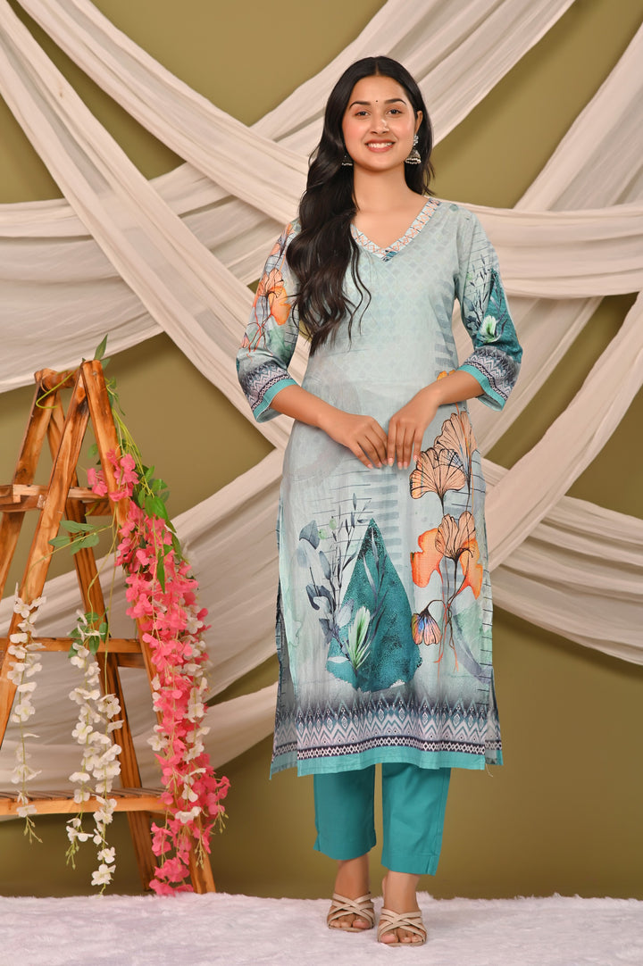 Elegant Pink and Sea Green Cotton Kurta Set with V-Neck & 3/4 Sleeves