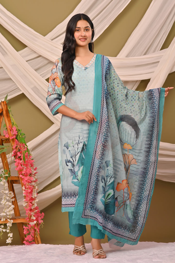 Elegant Pink and Sea Green Cotton Kurta Set with V-Neck & 3/4 Sleeves