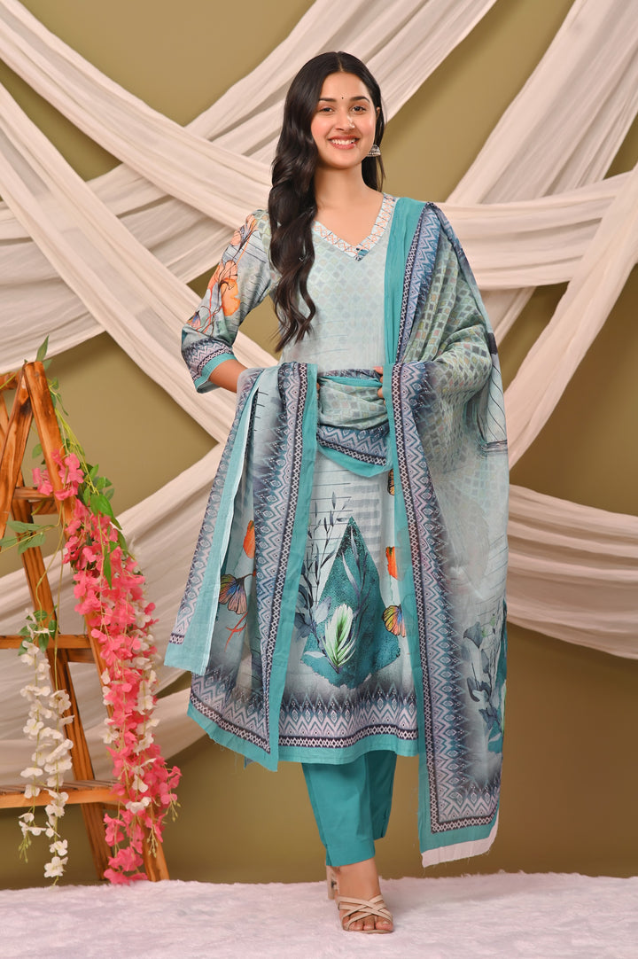 Elegant Pink and Sea Green Cotton Kurta Set with V-Neck & 3/4 Sleeves