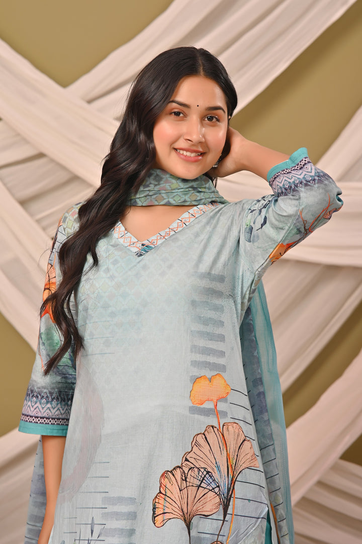 Elegant Pink and Sea Green Cotton Kurta Set with V-Neck & 3/4 Sleeves