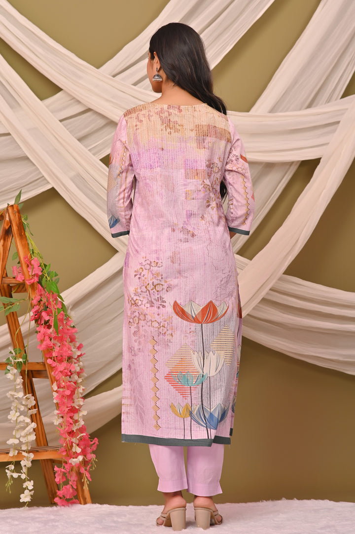 Lavender and Pista Green Cotton Kurta Set with V-Neck & 3/4 Sleeves